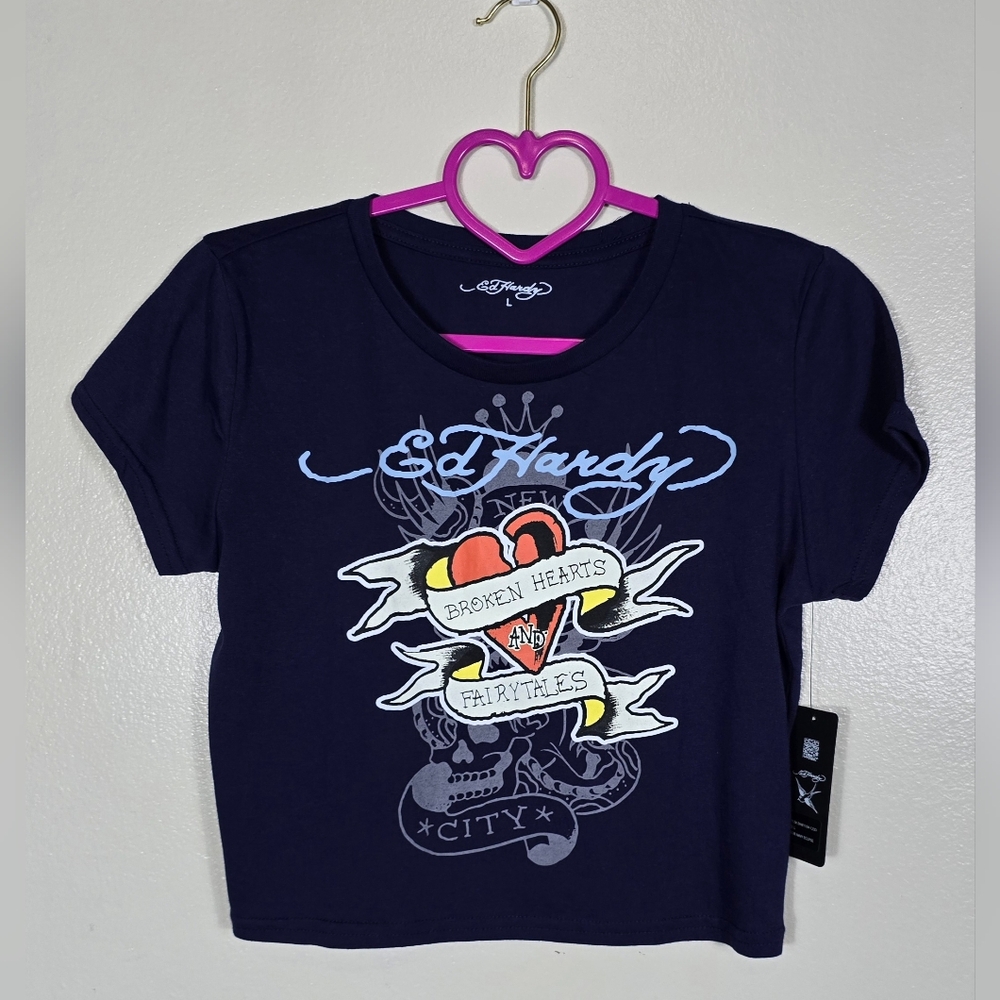 Ed Hardy Cropped Graphic Tee - Blue
